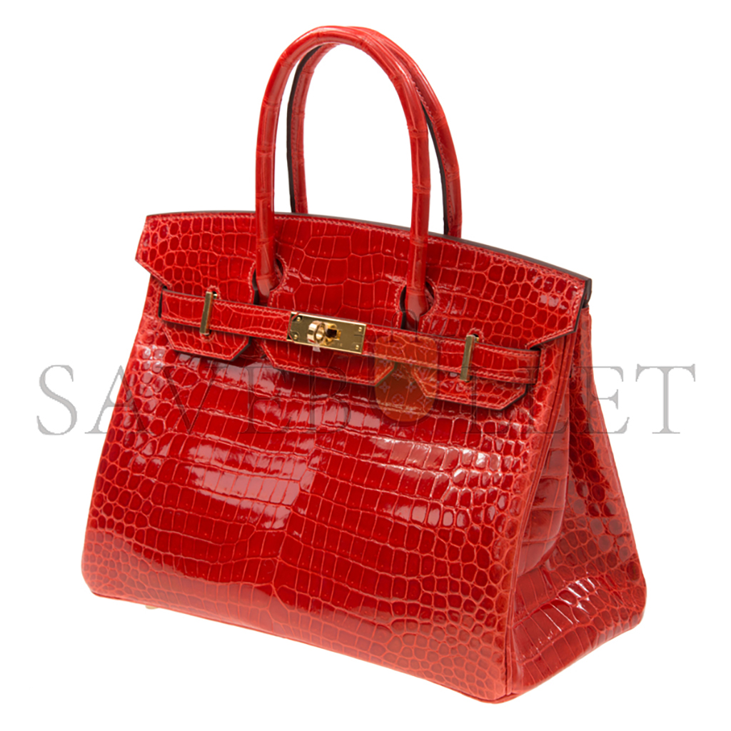 HERMÈS MASTER BIRKIN 25 CROCODILE LEATHER GLOSSY FLAG RED GOLD BUCKLE H041354CK6U (25*20*13cm)